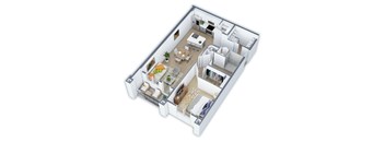 A 3D floor plan of a house with a kitchen, living room, and bedrooms.