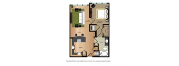 a floor plan of a studio apartment with a bedroom and a living room