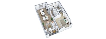A 3D floor plan of a house with a kitchen, living room, dining room, and bedrooms.