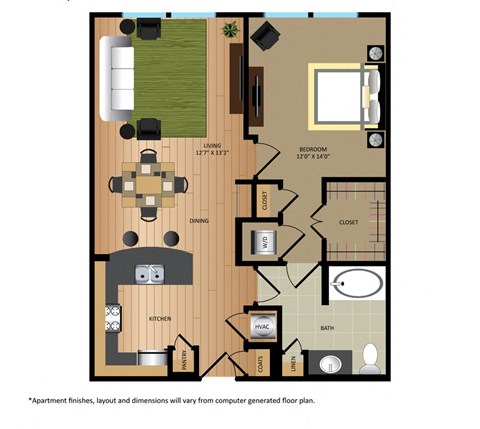 a floor plan of a bedroom apartment with a living room and dining room