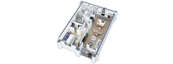 A 3D floor plan of a house with a kitchen, living room, dining room, and two bedrooms.