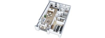 A 3D floor plan of a house with a living room, dining room, kitchen, and bedrooms.