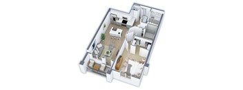 A 3D floor plan of a house with a kitchen, living room, and bedrooms.