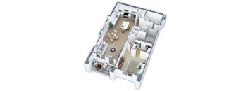 A 3D floor plan of a house with a living room, dining room, kitchen, and two bedrooms.