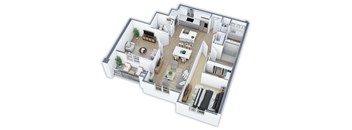 A 3D floor plan of a house with a living room, dining room, kitchen, and two bedrooms.