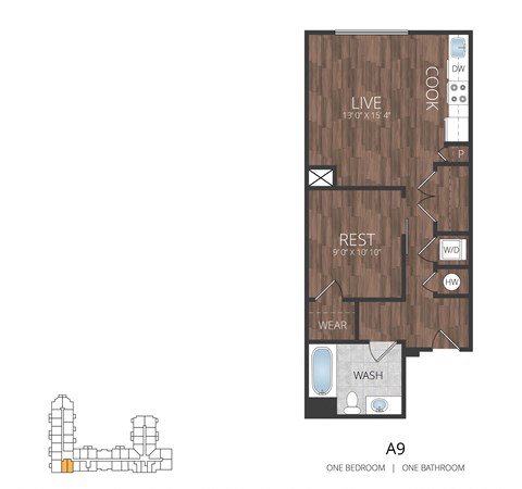 a floor plan of a studio apartment with a bedroom and a living room
