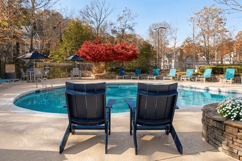 Two chairs are facing a pool with a red tree in the background.