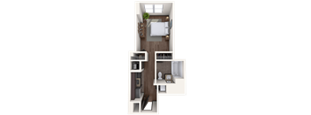 A top-down view of a bedroom with a bed, desk, and shelves.