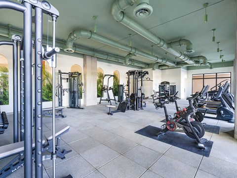 A gym with a variety of equipment including treadmills, weights, and exercise machines.