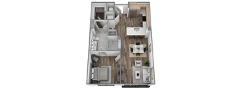 A top-down view of a modern apartment layout with a kitchen, living room, and bedrooms.