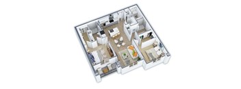 A 3D floor plan of a house with a kitchen, living room, and two bedrooms.