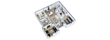 A 3D floor plan of a house with multiple rooms and furniture.