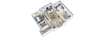 A 3D floor plan of a house with a kitchen, living room, dining room, and two bedrooms.