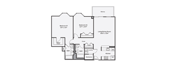 A floor plan of a home with two bedrooms, a living/dining room, kitchen, bath, and balcony.