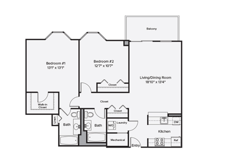 A floor plan of a home with two bedrooms, a living/dining room, kitchen, bath, and balcony.