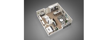 A 3D rendered image of a small apartment layout.