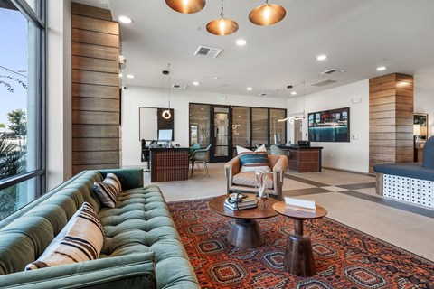 A living room with a green sofa and a patterned rug.