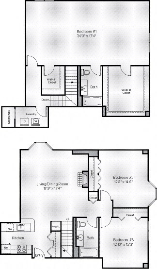 a floor plan of a house with two bedrooms and two bathrooms