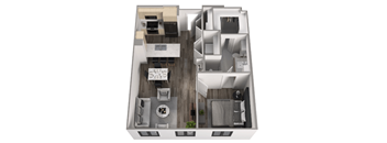 a 3d floor plan of a studio apartment with a bedroom and a living room