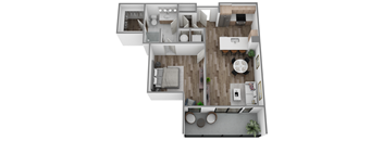 A top-down view of a modern apartment with a kitchen, living room, and bathroom.