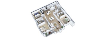 A 3D floor plan of a house with a kitchen, living room, and two bedrooms.
