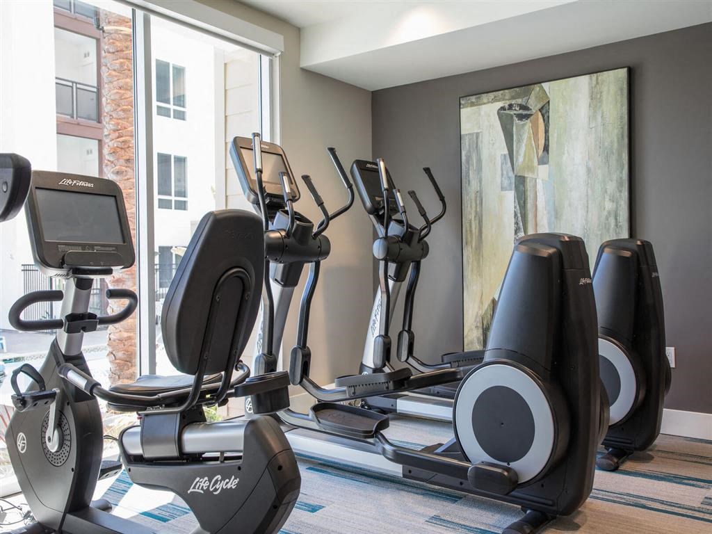 a gym with treadmills and elliptical machines