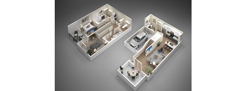 A 3D rendered image of two different floor plans of a house.