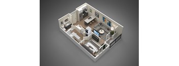 A 3D rendered image of a modern apartment layout.