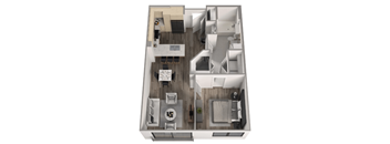 a 3d floor plan of a residence with a bedroom and living room