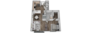 A top-down view of a modern apartment with a living room, kitchen, and bedroom.