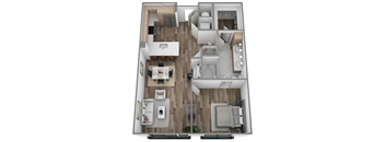 A top-down view of a modern apartment with a kitchen, living room, and bedroom.