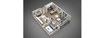 A 3D rendered image of a small apartment layout.