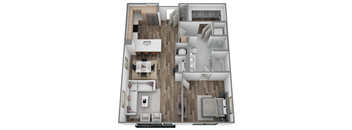 A top-down view of a modern apartment with a living room, kitchen, and bedrooms.