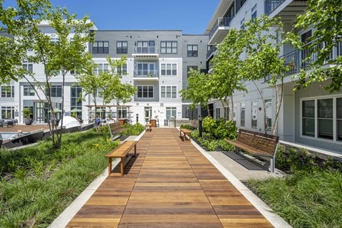 a boardwalk with benches and trees in front of apartments for rent at The Cove in Hingham