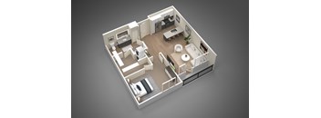 A 3D rendered image of a modern, minimalist apartment layout.