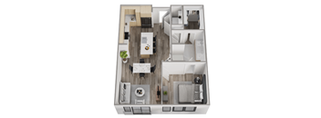 a 3d floor plan of a residence with a bedroom and living room