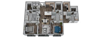 A 3D floor plan of a house with multiple rooms and furniture.