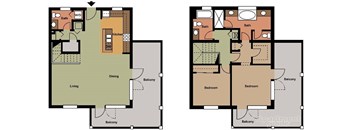 A floor plan of an apartment with two bedrooms, a living room, a dining room, a kitchen, and a balcony.