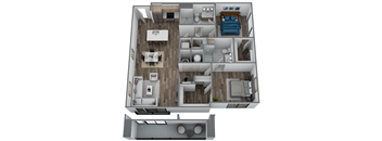 A top-down view of a small apartment with a bedroom, living room, kitchen, and bathroom.