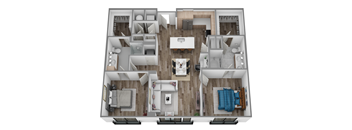 A top-down view of a two-bedroom apartment with a living room, kitchen, and bathroom.