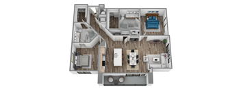 A top-down view of a house layout with a living room, dining area, kitchen, and bedrooms.