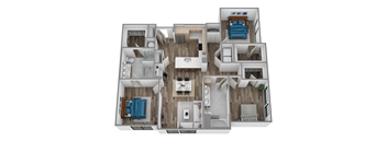 A top-down view of a house layout with multiple rooms and furniture.