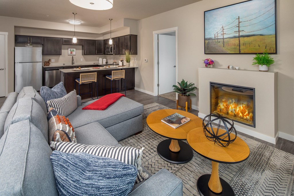 living room and fireplace