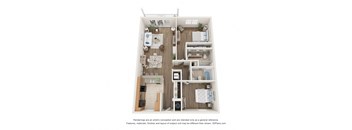 A 3D floor plan of a small apartment with a kitchen, living room, and bathroom.