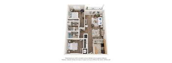 A 3D floor plan of a small apartment with a kitchen, living room, and bathroom.
