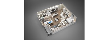 A 3D rendered image of a modern apartment layout.