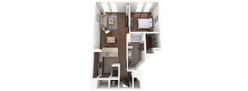 A 3D floor plan of a small apartment with a kitchen, living room, and bedroom.