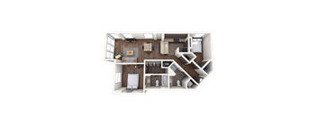 A 3D floor plan of a house showing a living room, kitchen, dining area, and bedrooms.