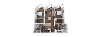 A 3D rendered image of a modern apartment layout.
