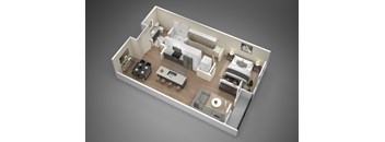 A 3D rendered image of a modern apartment layout.
